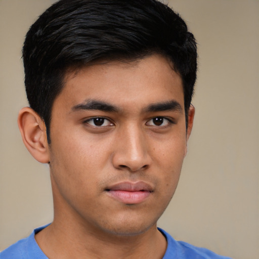 Neutral asian young-adult male with short  brown hair and brown eyes