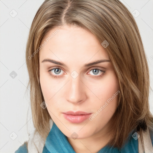 Neutral white young-adult female with medium  brown hair and blue eyes