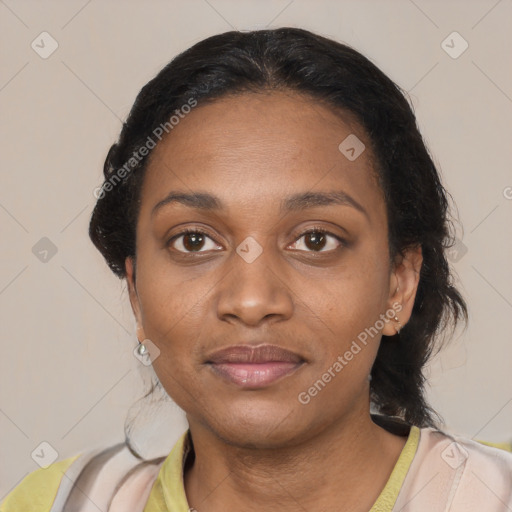 Joyful black young-adult female with medium  brown hair and brown eyes