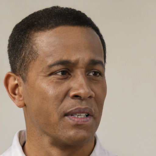 Neutral black adult male with short  black hair and brown eyes