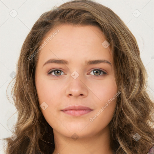 Neutral white young-adult female with long  brown hair and brown eyes