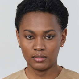 Neutral black young-adult female with short  black hair and brown eyes