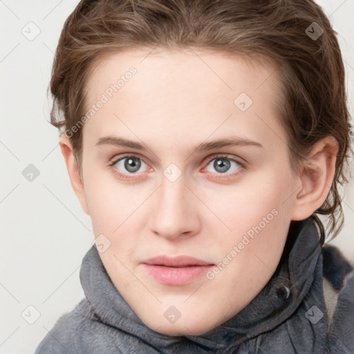 Neutral white young-adult female with medium  brown hair and grey eyes