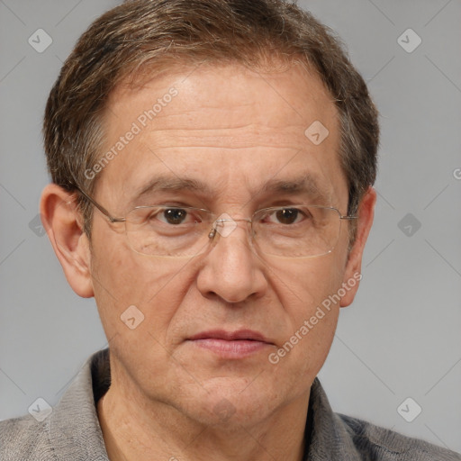 Joyful white middle-aged male with short  brown hair and brown eyes