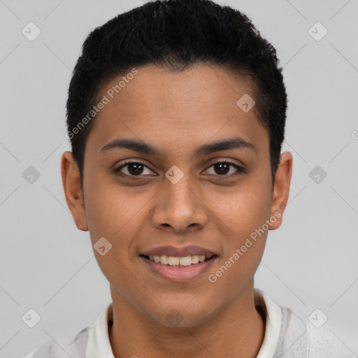 Joyful latino young-adult female with short  black hair and brown eyes