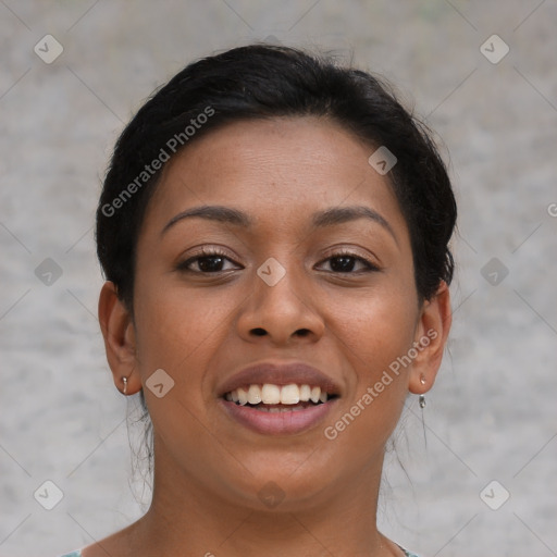 Joyful latino young-adult female with short  brown hair and brown eyes