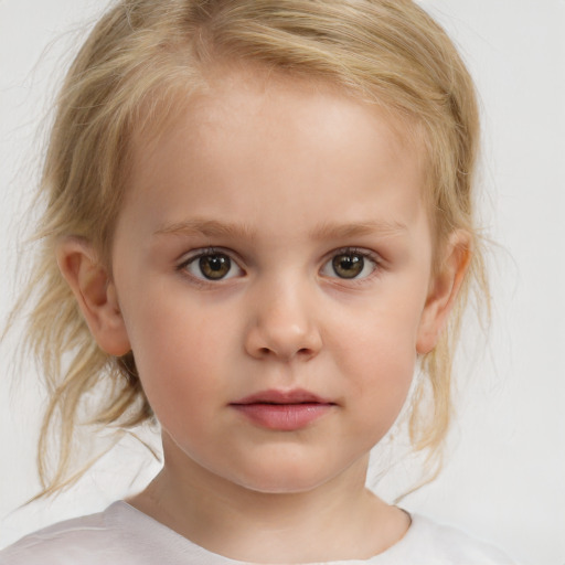 Neutral white child female with medium  brown hair and blue eyes