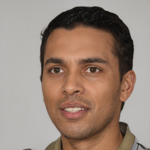 Neutral white young-adult male with short  black hair and brown eyes