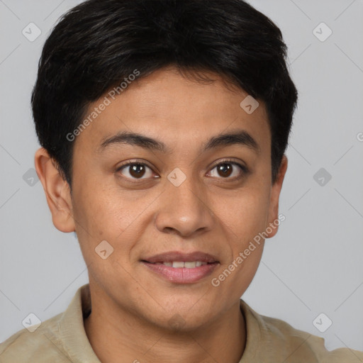 Joyful latino young-adult male with short  brown hair and brown eyes