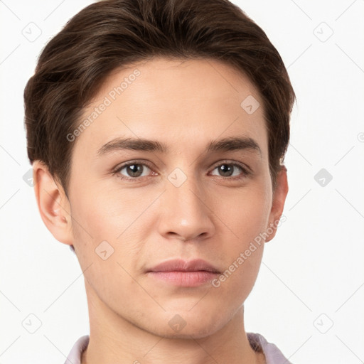 Neutral white young-adult male with short  brown hair and brown eyes