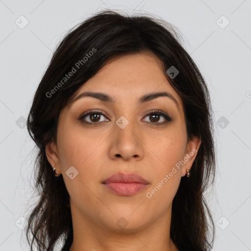 Joyful latino young-adult female with long  brown hair and brown eyes