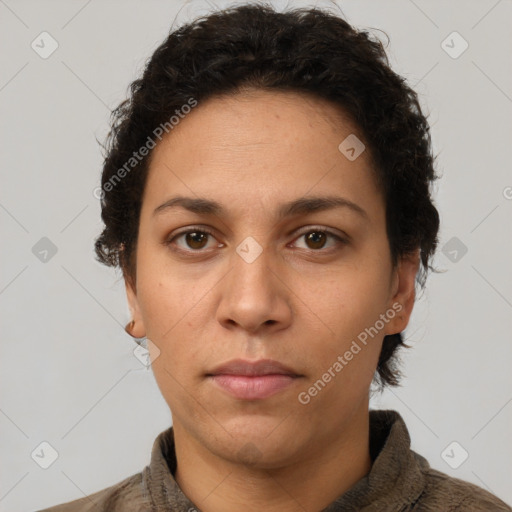 Neutral white young-adult female with short  brown hair and brown eyes