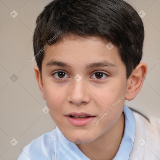 Joyful white child male with short  brown hair and brown eyes