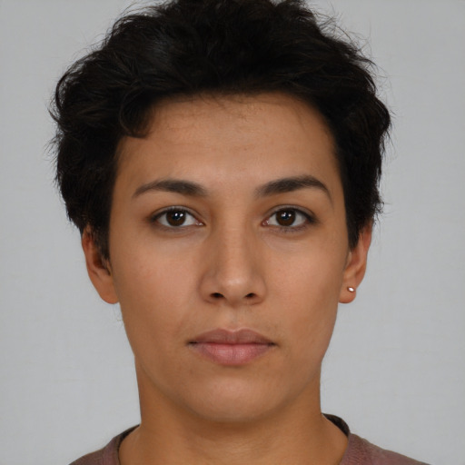 Neutral asian young-adult female with short  brown hair and brown eyes