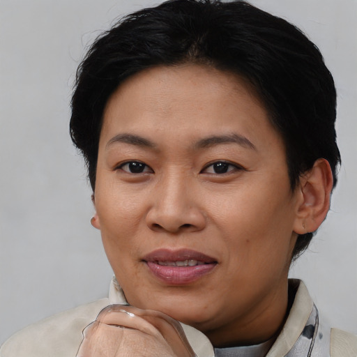 Joyful asian young-adult female with short  brown hair and brown eyes