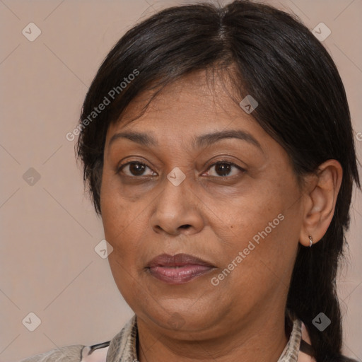 Joyful latino adult female with medium  brown hair and brown eyes