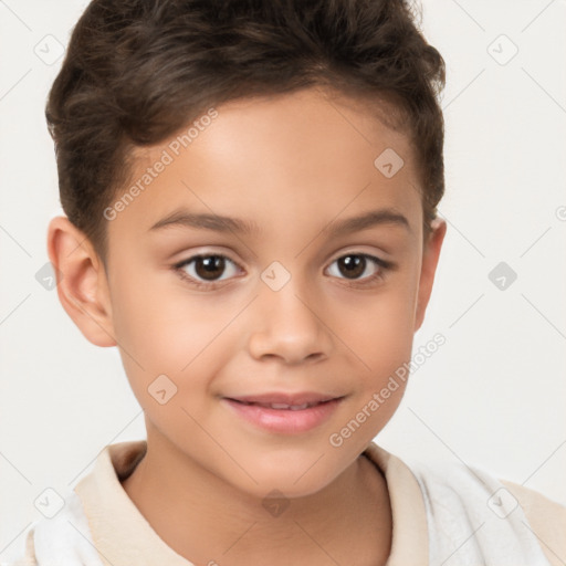 Joyful white child female with short  brown hair and brown eyes