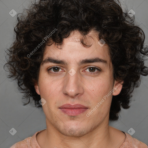 Joyful white young-adult male with medium  brown hair and brown eyes