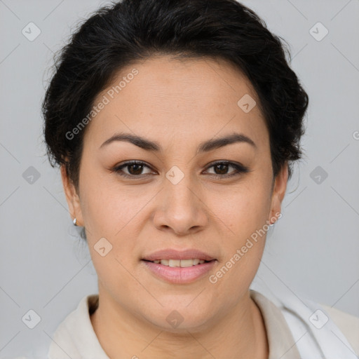 Joyful latino young-adult female with short  brown hair and brown eyes