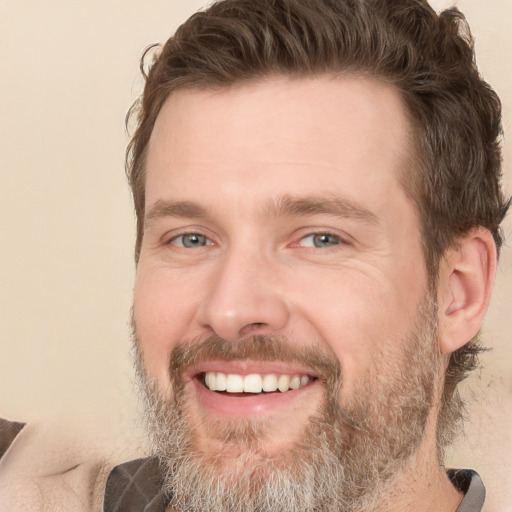 Joyful white adult male with short  brown hair and grey eyes