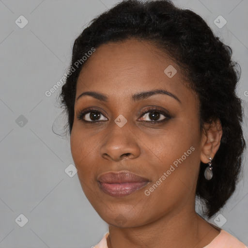 Joyful black young-adult female with medium  black hair and brown eyes