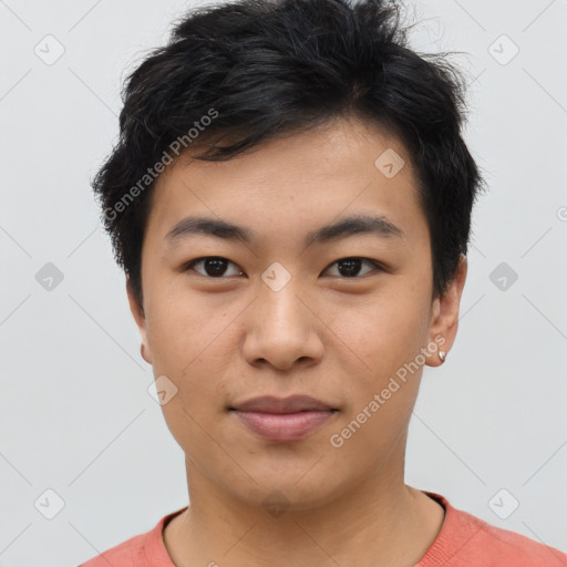 Joyful asian young-adult male with short  black hair and brown eyes