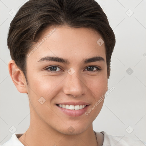 Joyful white young-adult female with short  brown hair and brown eyes