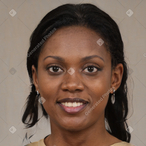 Joyful black young-adult female with medium  black hair and brown eyes