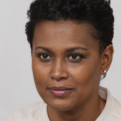 Joyful black young-adult female with short  brown hair and brown eyes
