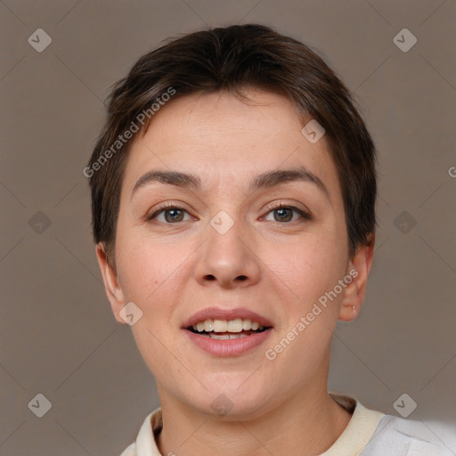 Joyful white young-adult female with short  brown hair and brown eyes