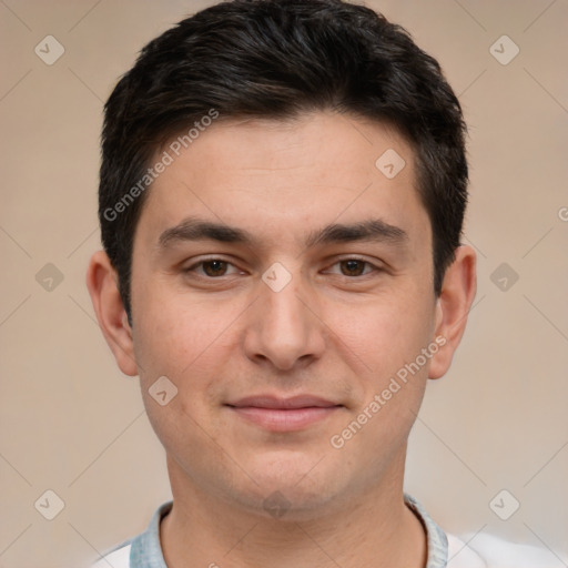 Joyful white young-adult male with short  brown hair and brown eyes