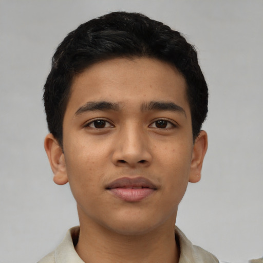 Neutral latino young-adult male with short  black hair and brown eyes