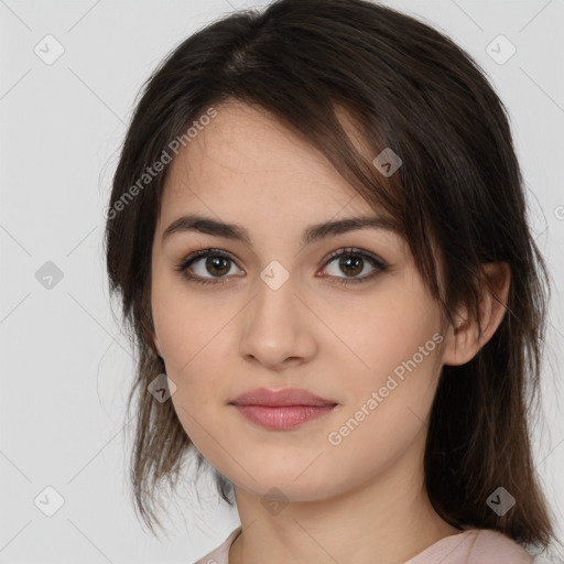 Neutral white young-adult female with medium  brown hair and brown eyes