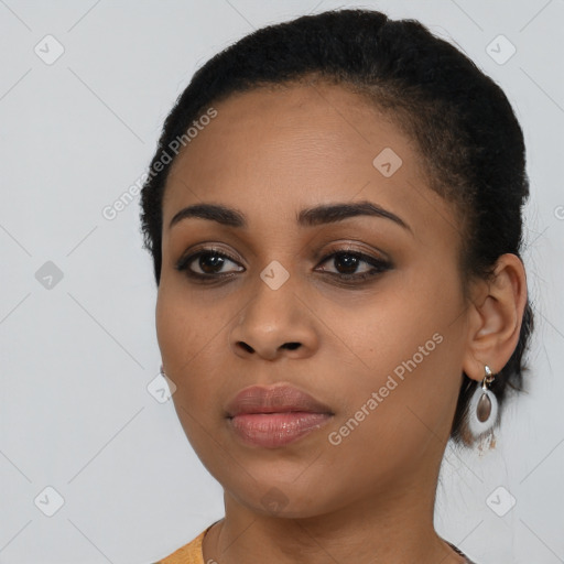 Neutral black young-adult female with short  black hair and brown eyes