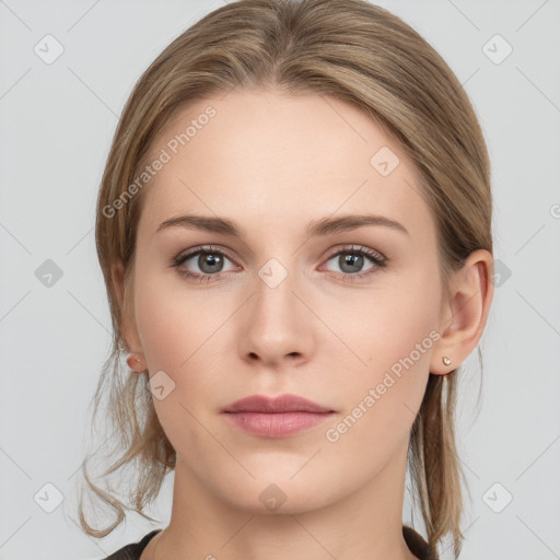 Neutral white young-adult female with medium  brown hair and grey eyes