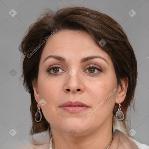 Neutral white adult female with medium  brown hair and brown eyes