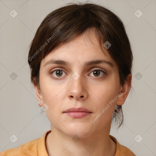 Neutral white young-adult female with medium  brown hair and brown eyes