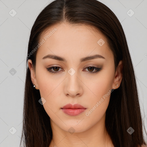 Neutral white young-adult female with long  brown hair and brown eyes