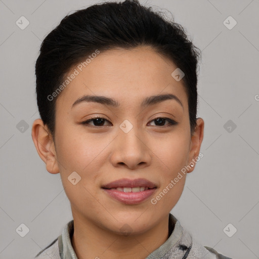 Joyful asian young-adult female with short  brown hair and brown eyes