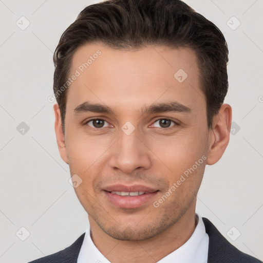 Joyful white young-adult male with short  brown hair and brown eyes