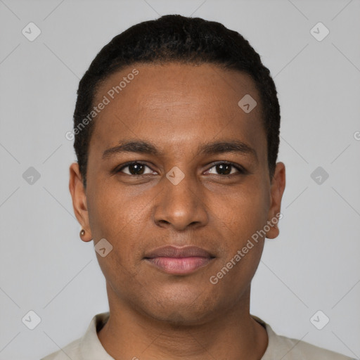 Neutral black young-adult male with short  black hair and brown eyes