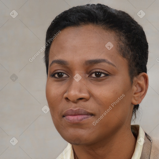 Joyful black young-adult female with short  black hair and brown eyes