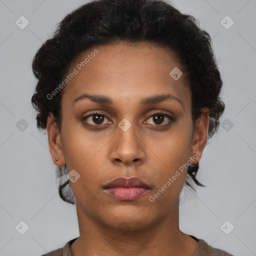 Neutral latino young-adult female with short  brown hair and brown eyes