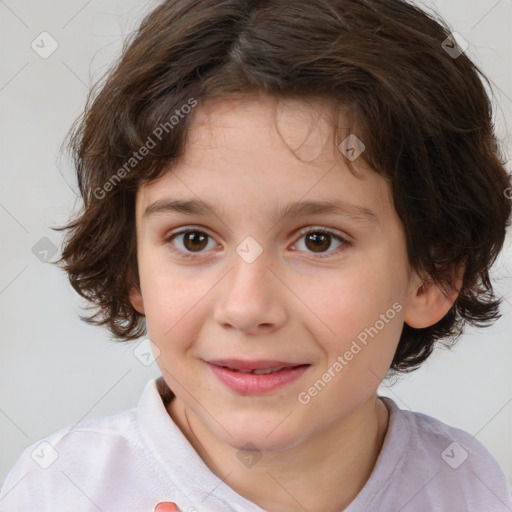 Joyful white child female with medium  brown hair and brown eyes