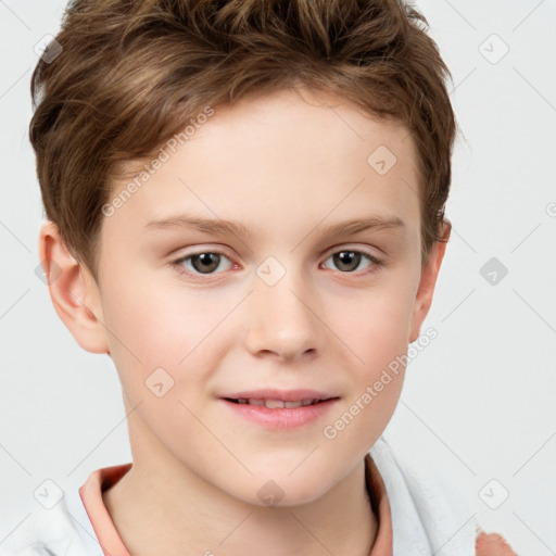 Joyful white child male with short  brown hair and brown eyes