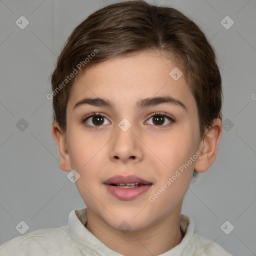 Joyful white child female with short  brown hair and brown eyes