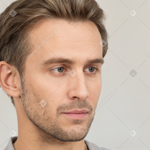 Neutral white young-adult male with short  brown hair and brown eyes