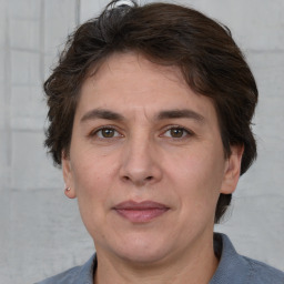 Joyful white adult female with short  brown hair and brown eyes