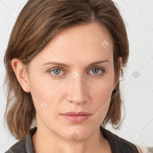 Neutral white young-adult female with medium  brown hair and grey eyes