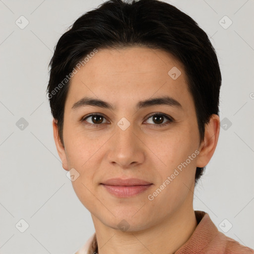 Joyful white young-adult female with short  brown hair and brown eyes